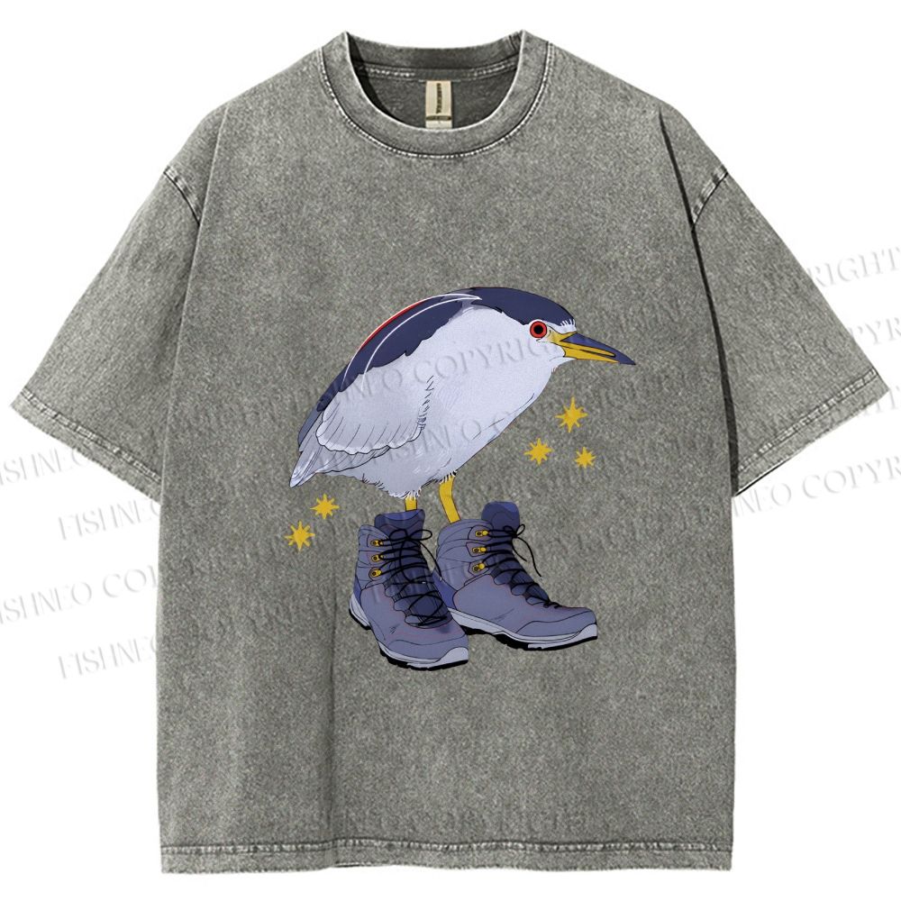 Unisex Funny Bird Wear Shoes Printed Washed Tee