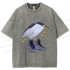 Unisex Funny Bird Wear Shoes Printed Washed Tee