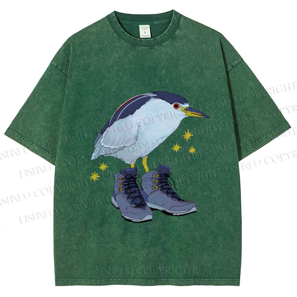 Unisex Funny Bird Wear Shoes Printed Washed Tee