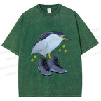 Unisex Funny Bird Wear Shoes Printed Washed Tee
