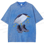 Unisex Funny Bird Wear Shoes Printed Washed Tee