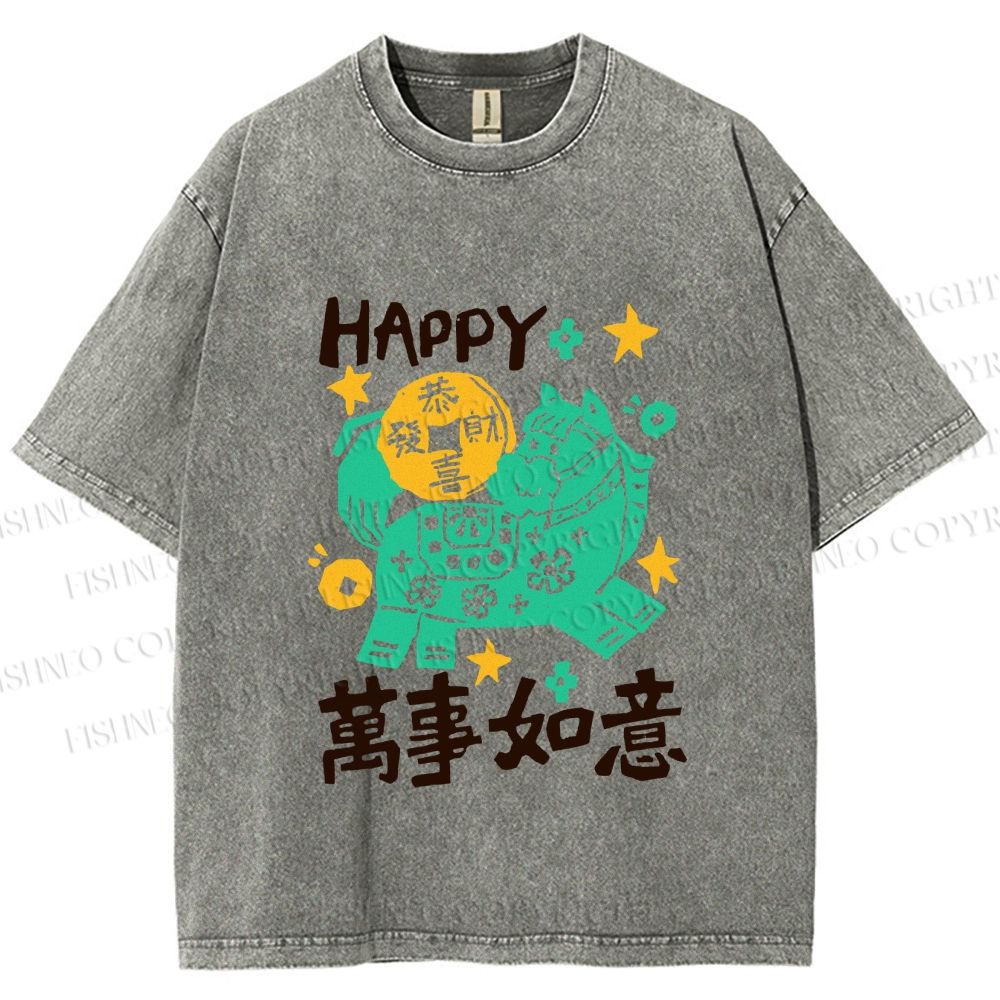Unisex Happy Horse Best Wishes Printed Washed Tee
