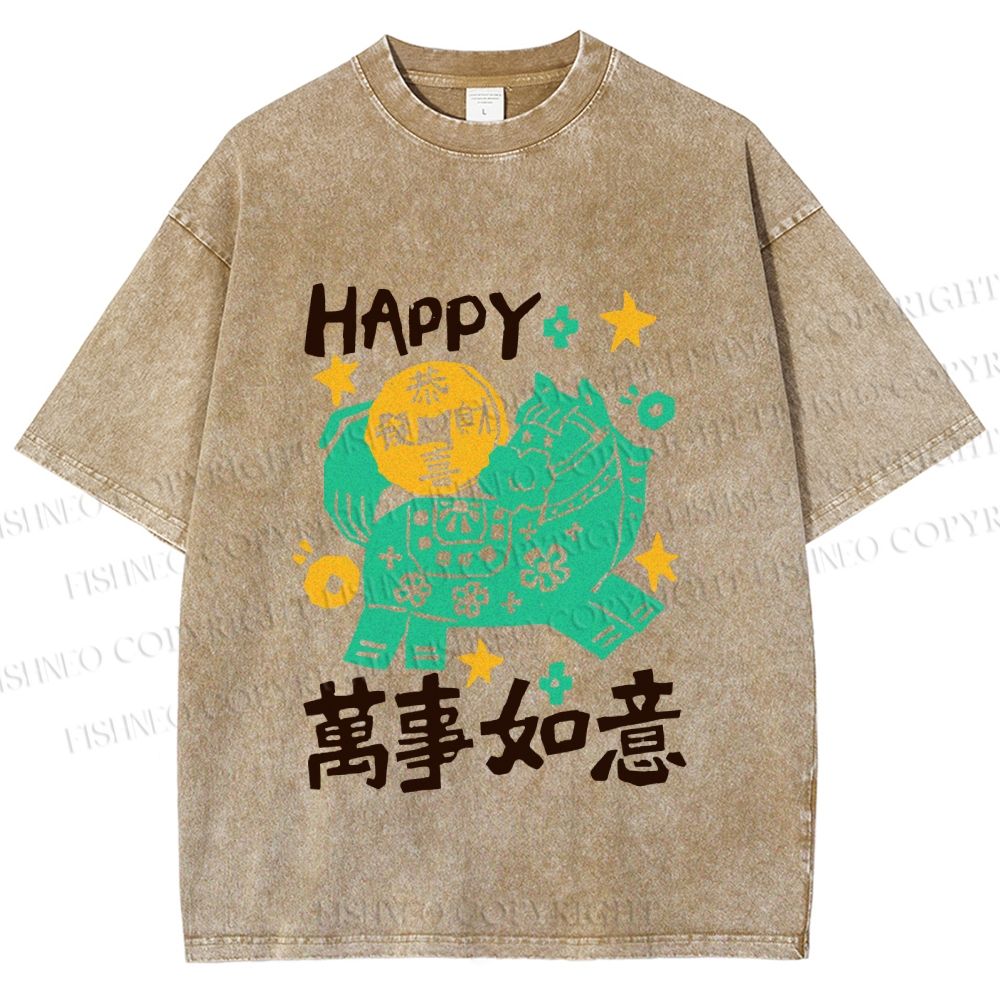 Unisex Happy Horse Best Wishes Printed Washed Tee