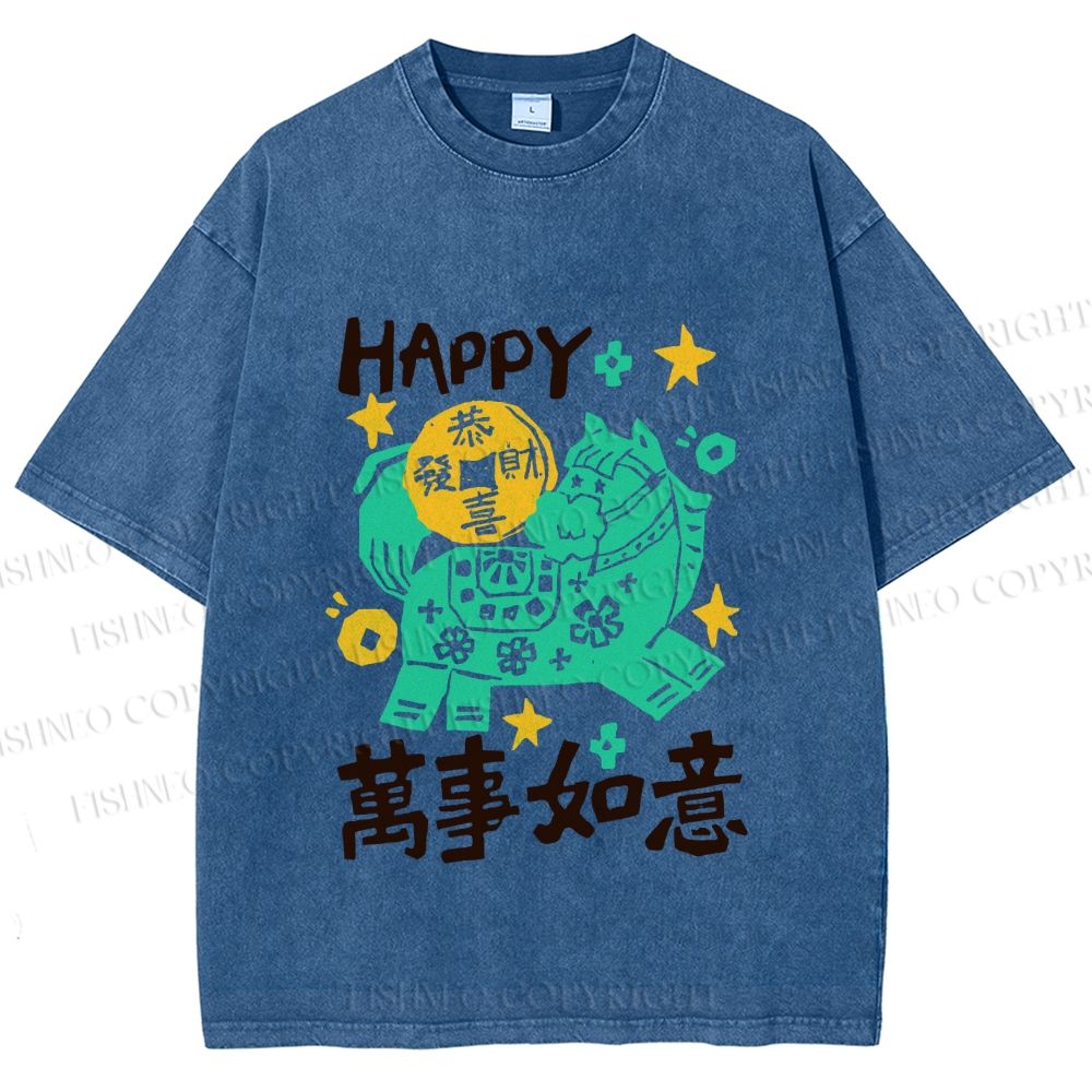Unisex Happy Horse Best Wishes Printed Washed Tee