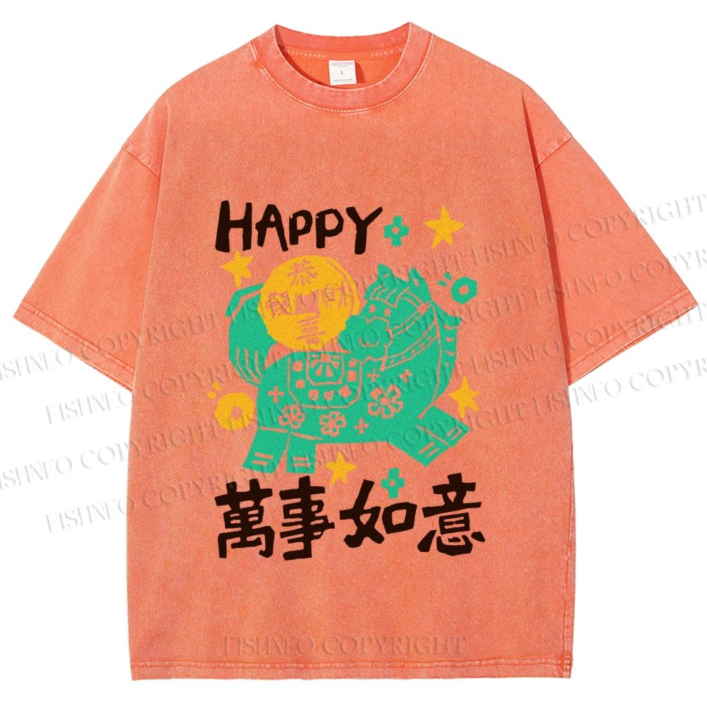 Unisex Happy Horse Best Wishes Printed Washed Tee