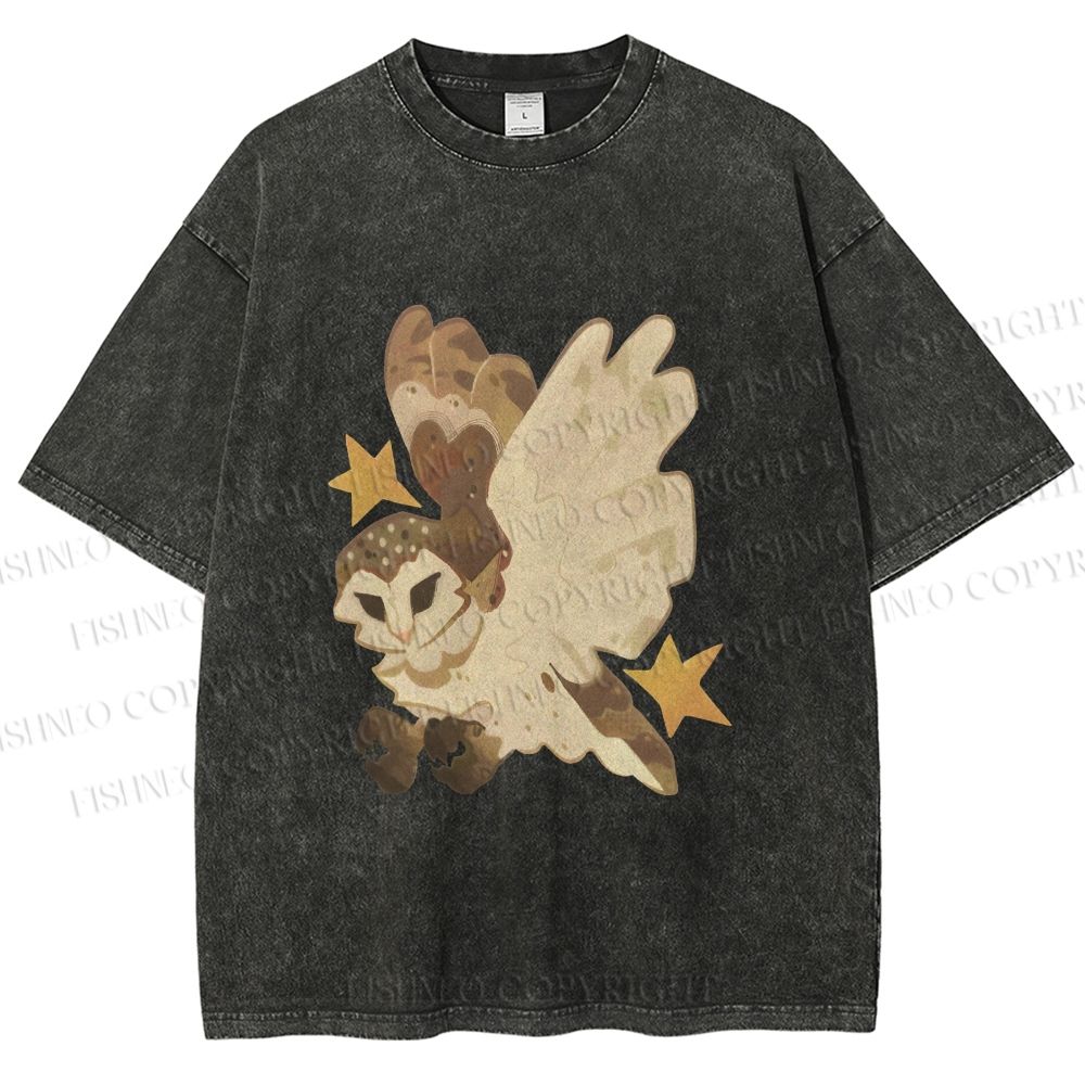 Unisex Flying Owl Printed Washed Tee