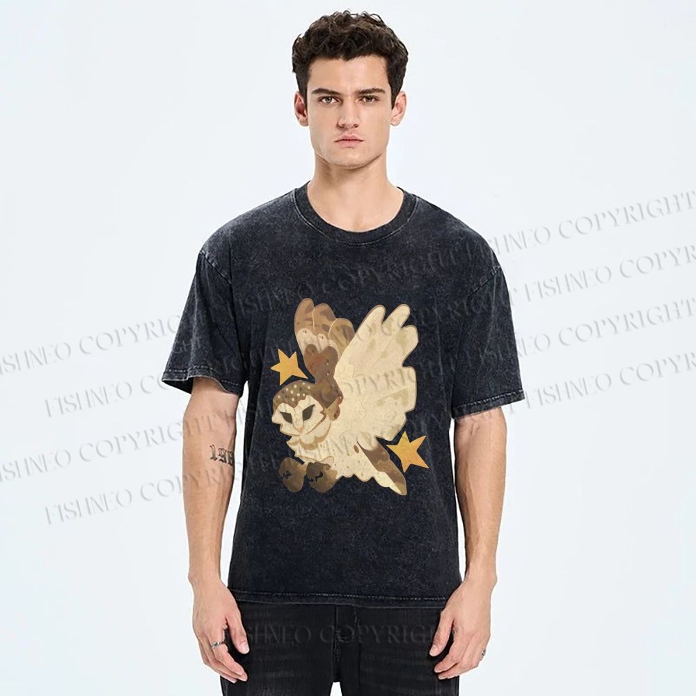 Unisex Flying Owl Printed Washed Tee
