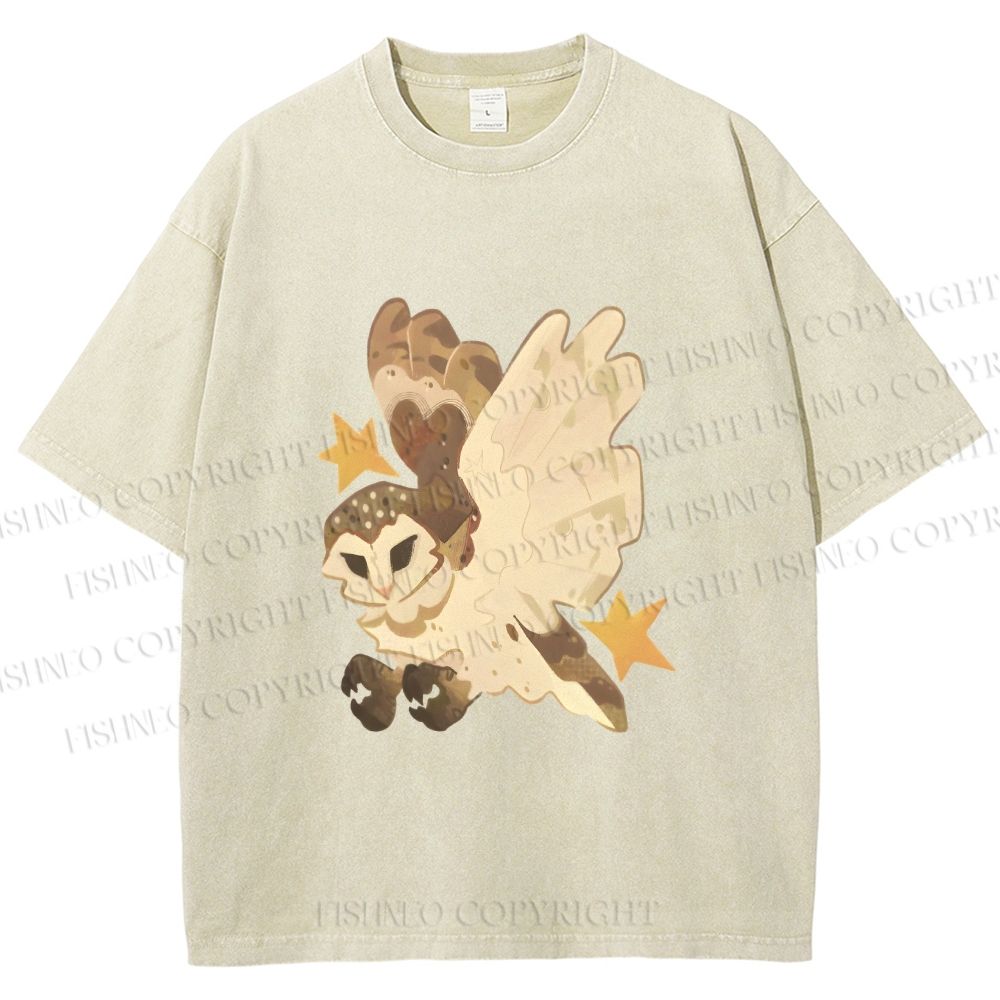 Unisex Flying Owl Printed Washed Tee