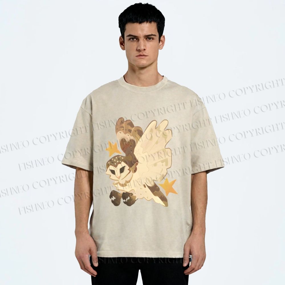 Unisex Flying Owl Printed Washed Tee