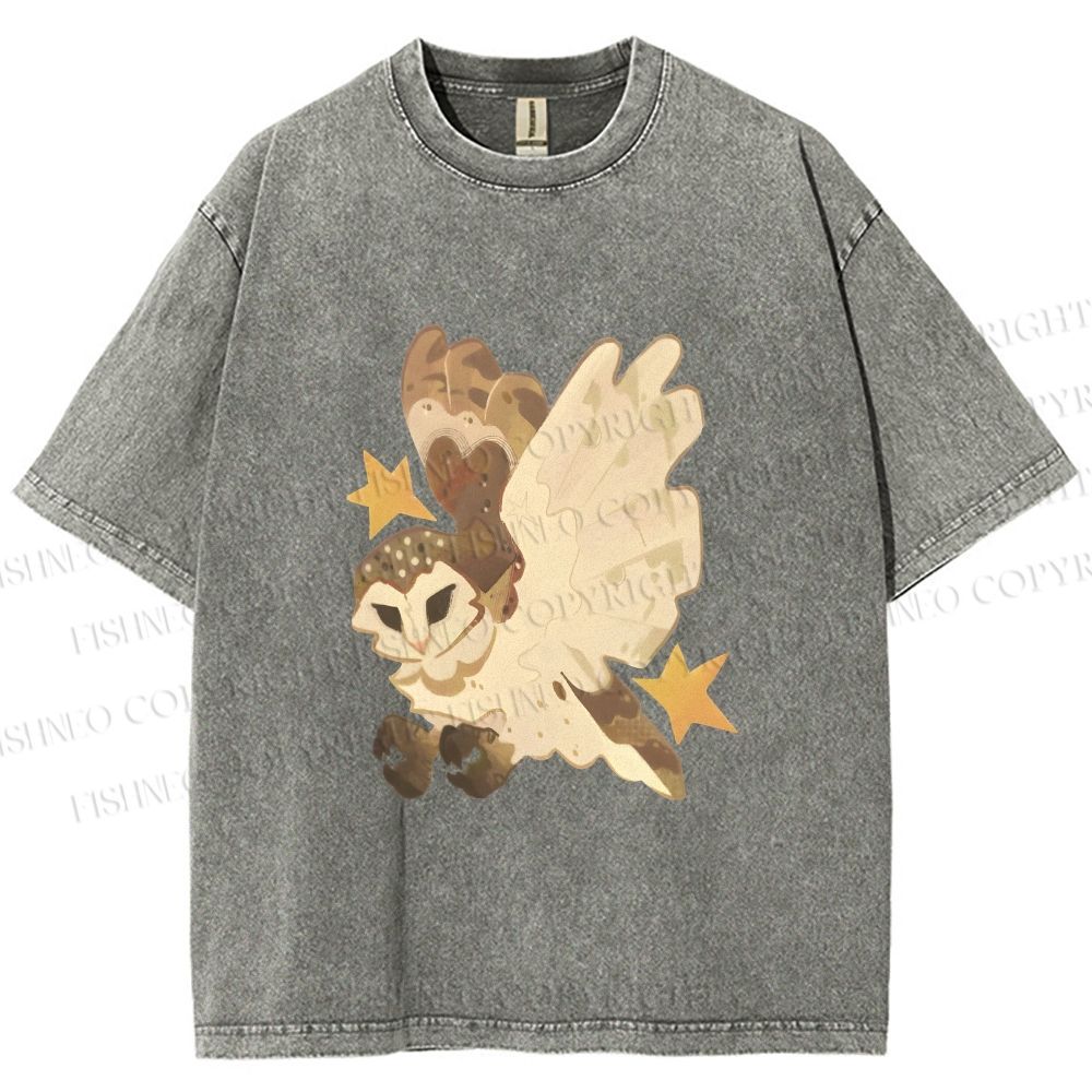 Unisex Flying Owl Printed Washed Tee