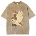 Unisex Flying Owl Printed Washed Tee
