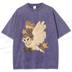 Unisex Flying Owl Printed Washed Tee