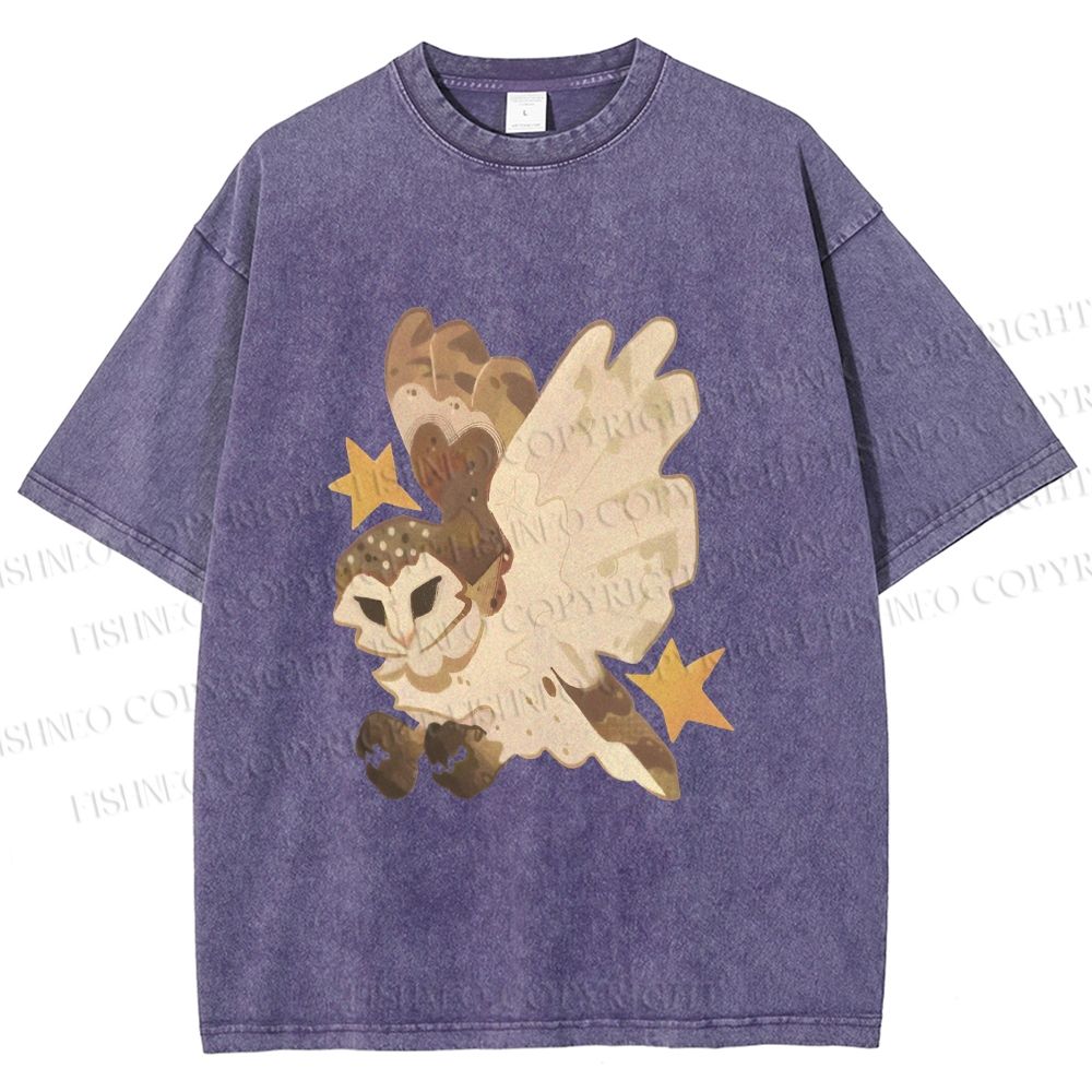 Unisex Flying Owl Printed Washed Tee