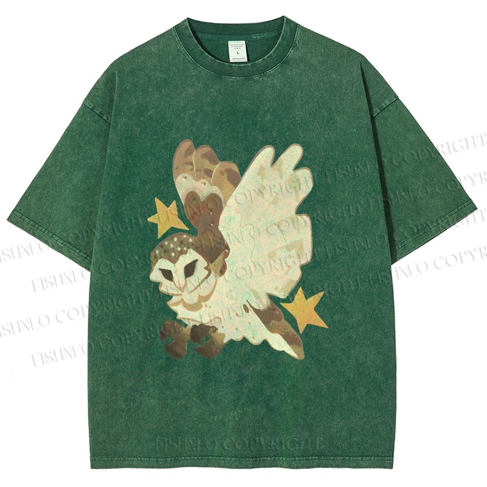 Unisex Flying Owl Printed Washed Tee