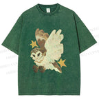 Unisex Flying Owl Printed Washed Tee