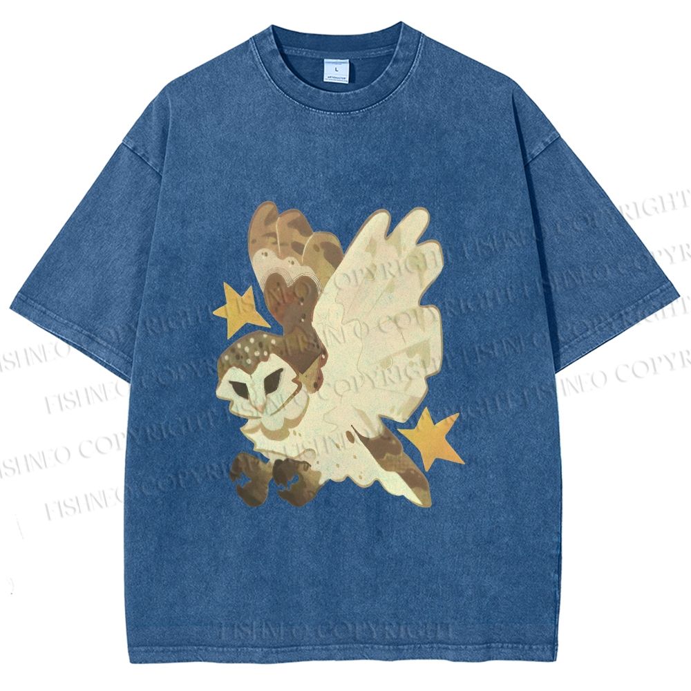 Unisex Flying Owl Printed Washed Tee
