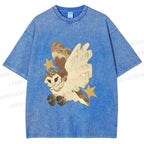 Unisex Flying Owl Printed Washed Tee