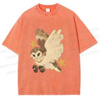 Unisex Flying Owl Printed Washed Tee