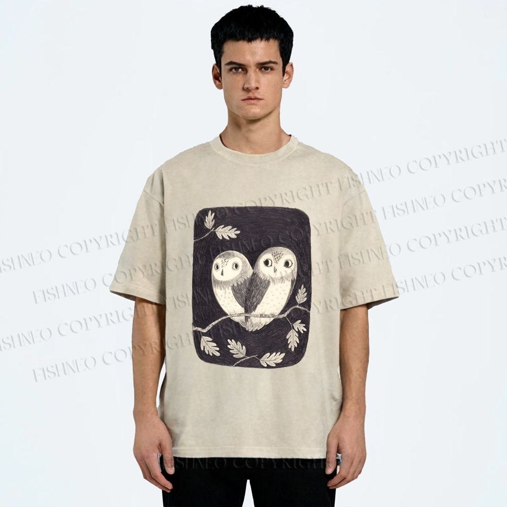 Unisex Cute Owls in Love Printed Washed Tee