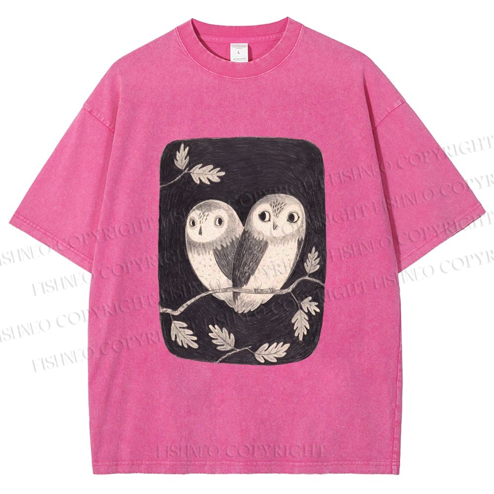 Unisex Cute Owls in Love Printed Washed Tee