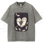 Unisex Cute Owls in Love Printed Washed Tee