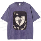 Unisex Cute Owls in Love Printed Washed Tee