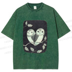 Unisex Cute Owls in Love Printed Washed Tee