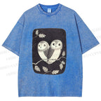 Unisex Cute Owls in Love Printed Washed Tee