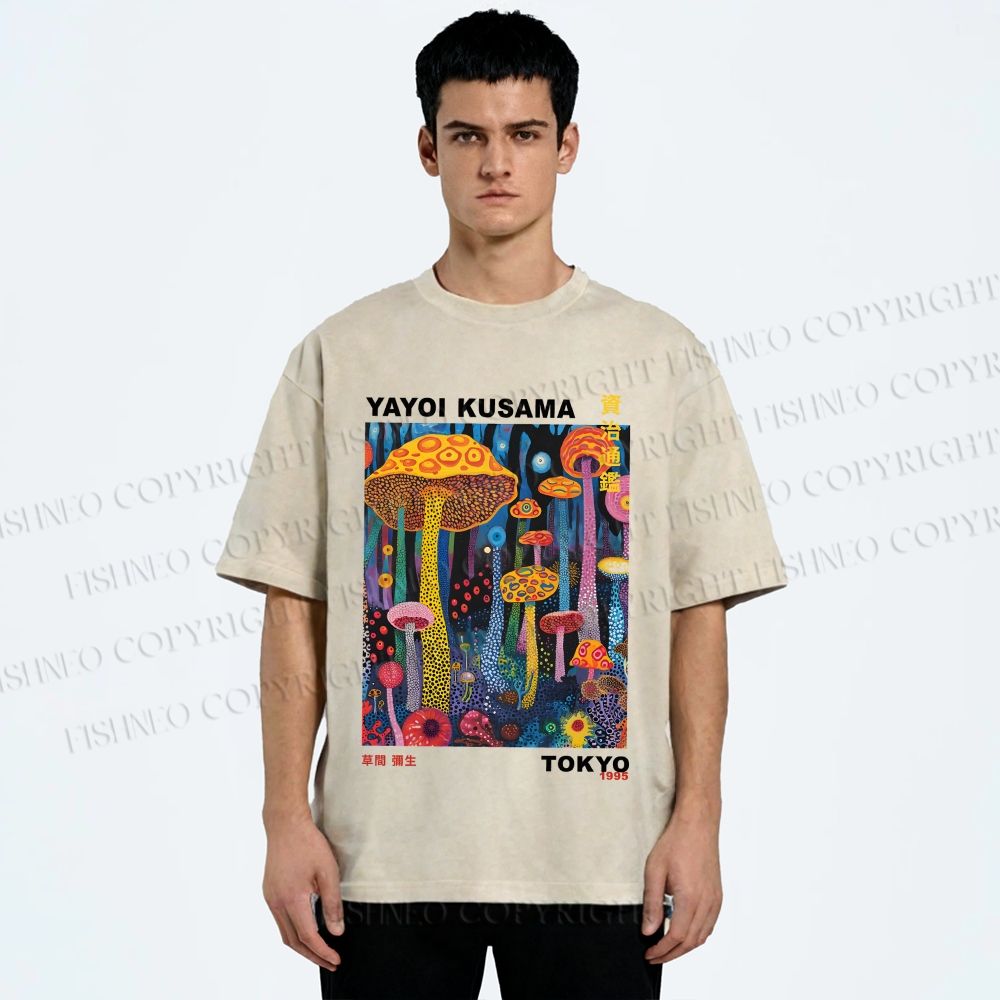 Unisex Yayoi Kusama Mushrooms Printed Washed Tee
