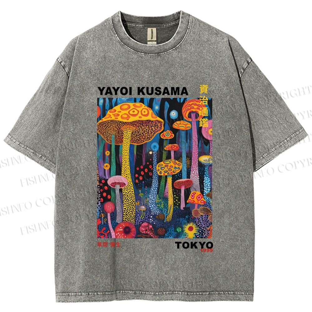 Unisex Yayoi Kusama Mushrooms Printed Washed Tee