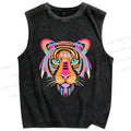 Unisex Colorful Tiger Printed Washed Tank Top