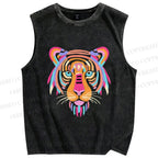 Unisex Colorful Tiger Printed Washed Tank Top