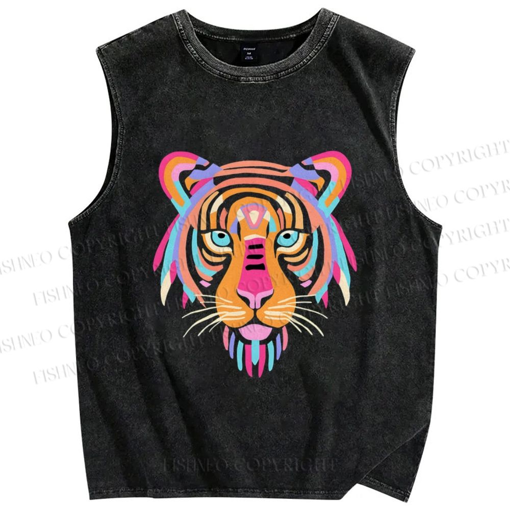 Unisex Colorful Tiger Printed Washed Tank Top