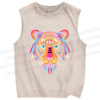 Unisex Colorful Tiger Printed Washed Tank Top