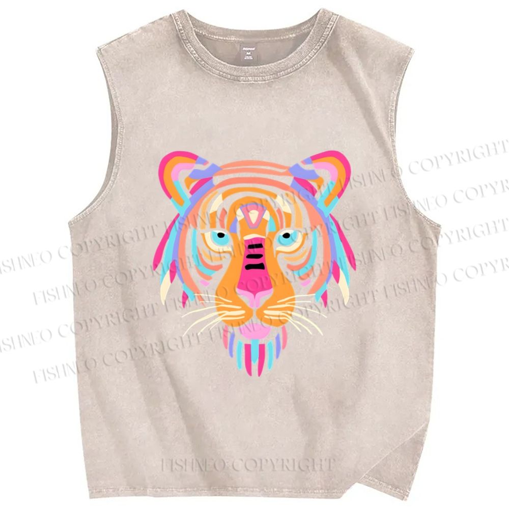 Unisex Colorful Tiger Printed Washed Tank Top