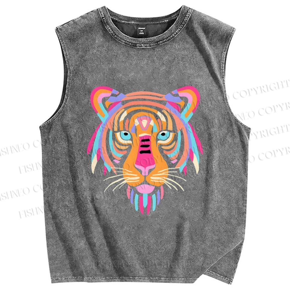 Unisex Colorful Tiger Printed Washed Tank Top