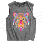Unisex Colorful Tiger Printed Washed Tank Top