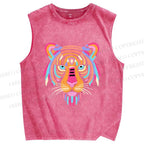 Unisex Colorful Tiger Printed Washed Tank Top