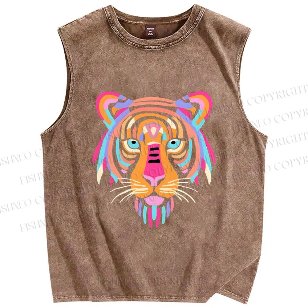 Unisex Colorful Tiger Printed Washed Tank Top
