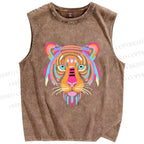 Unisex Colorful Tiger Printed Washed Tank Top