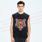 Unisex Colorful Tiger Printed Washed Tank Top