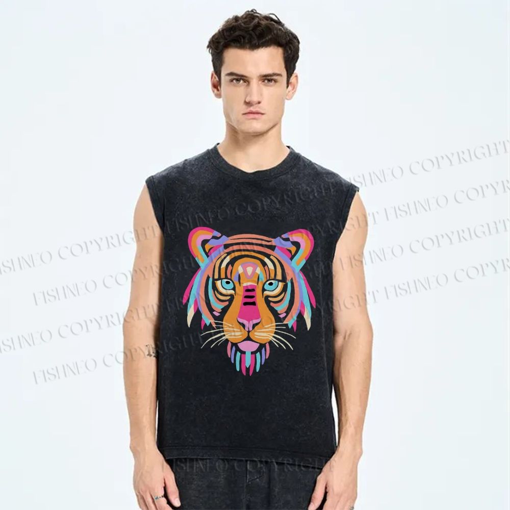 Unisex Colorful Tiger Printed Washed Tank Top