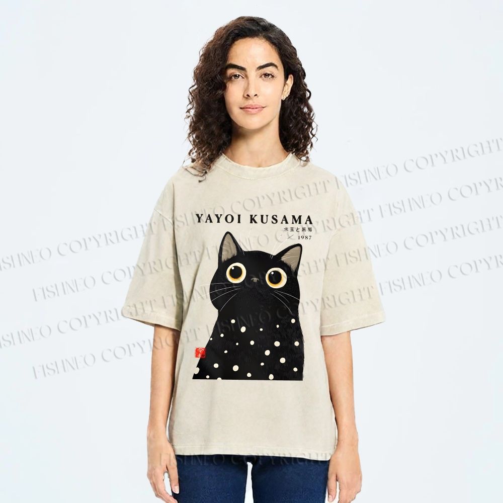 Unisex Yayoi Kusama Polka Dot Cat Printed Washed Tee