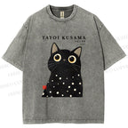 Unisex Yayoi Kusama Polka Dot Cat Printed Washed Tee
