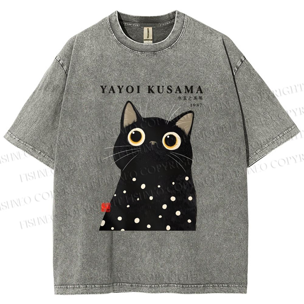 Unisex Yayoi Kusama Polka Dot Cat Printed Washed Tee