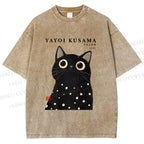 Unisex Yayoi Kusama Polka Dot Cat Printed Washed Tee