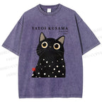 Unisex Yayoi Kusama Polka Dot Cat Printed Washed Tee