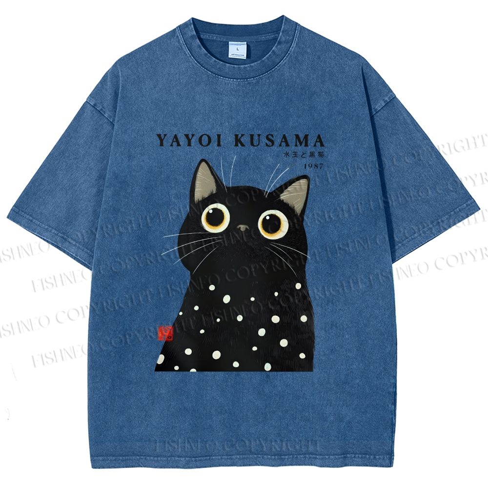 Unisex Yayoi Kusama Polka Dot Cat Printed Washed Tee