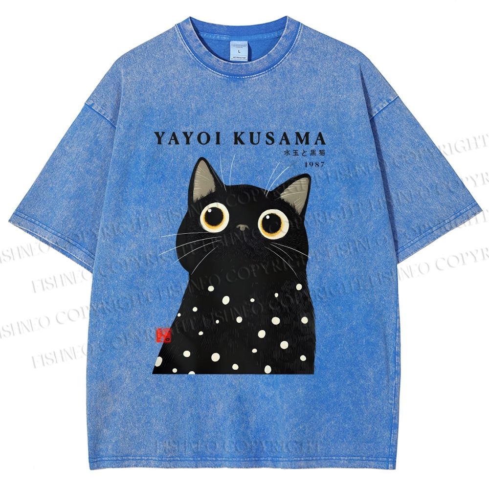 Unisex Yayoi Kusama Polka Dot Cat Printed Washed Tee