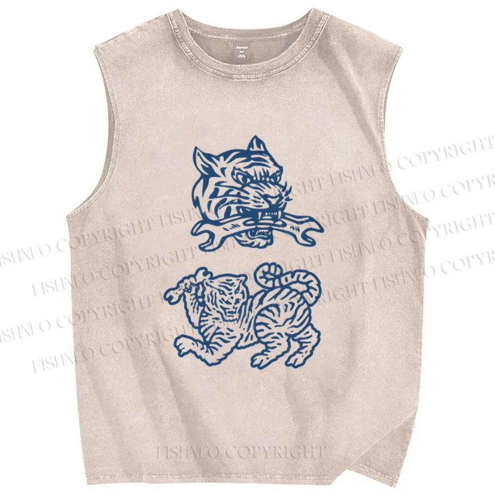 Unisex Simple Tiger Drawing Printed Washed Tank Top